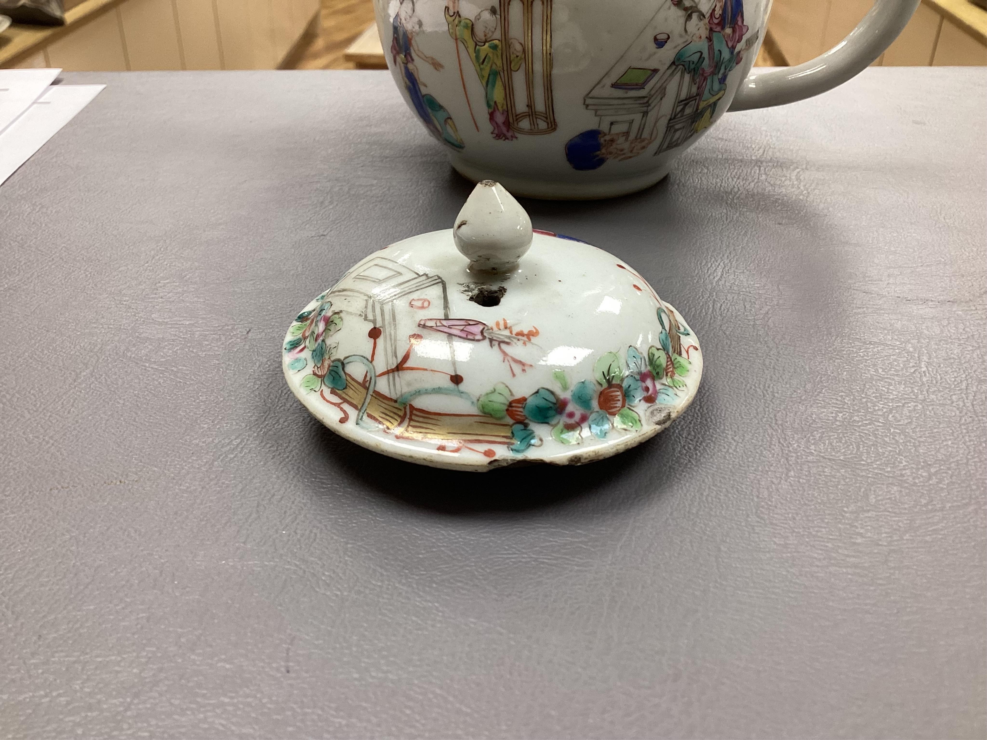 A Chinese famille rose ‘boys and ladies’ teapot, Qianlong period and a Japanese Arita sake pot or ewer, early 18th century, tallest 16cm high.